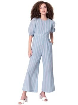 Fabralloy Women's Jumpsuit, Blue Striped Back Cut Tie Up Jumpsuit.