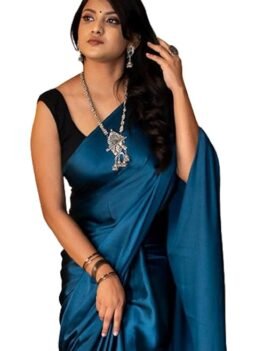 SHOPAZ Women's Ready to Wear Plain Blue Satin Silk Sari.