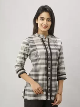 Women Regular Fit Checkered Mandarin Collar Casual Shirt.