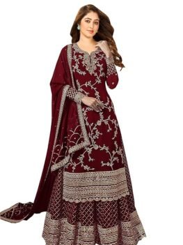 Miss Ethnik Women's Faux Georgette Semi Stitched Top With Stitched Faux Georgette Bottom and Faux Georgette Dupatta Embroidered Straight Kurta Dress Material (