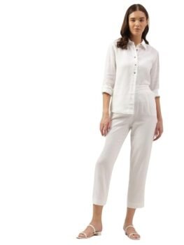 Marks & Spencer Womens Solid Linen Blend Collared Neck Regular Fit Shirt