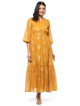Women Cotton Blend Tiered Printed Maxi Dress
