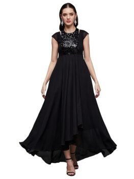 Miss Chase Women's Halter Neck Cap Sleeve Solid Pleated Embellished Georgette Maxi Dress with Pockets