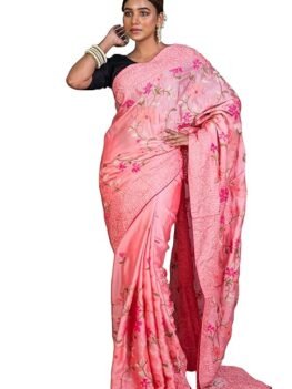 Bengal looms India Parsi Cross Stitch Work Designer Italian Crepe Silk Saree