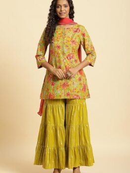 W for Woman Women Cotton Blend Kurta With Sharara & Dupatta