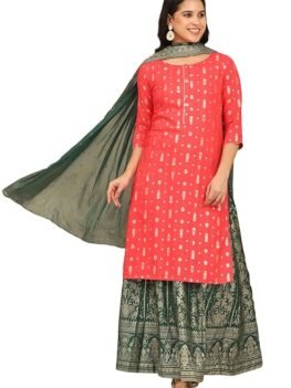 Aurelia Women's Pink Foil Printed Embellished Straight Kurta, Printed Skirt and Dupatta Set