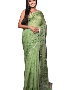 India Leaf and Floral Motif Nakshi Work Soft Jamdani Saree With Blouse Piece