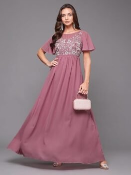 Miss Chase Women's Boat Neck Half Sleeve Solid Embellished Georgette Maxi Dress