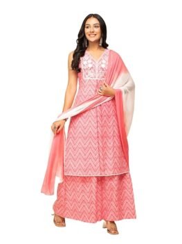 FIORRA Women's Peach Cotton Straight Kurta with Palazzo and Dupatta