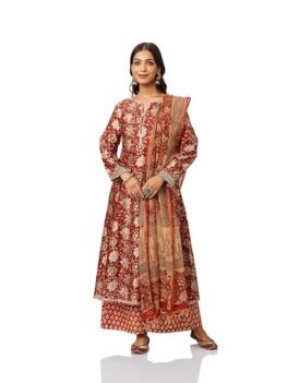 Women's Silk Chanderi Handblock Printed Authentic Kurta Set with Dupatta (A-Line | Bagru Print)