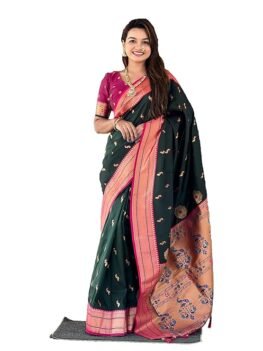 EKTA textiles women's Soft Paithani Silk Saree with Zari Weaving and Meenakari Design(Pck_Bottle Green)