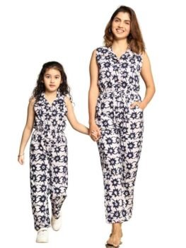 Critter kids Navy Blue Printed Jumpsuit – Mom & Daughter Matching Cotton Dresses, Holiday Combo Set for Moms (XS-5XL) & Girls (1-14 Years) | Stylish, Comfortable & Trendy Outfits for Family Occasions