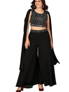 Varni Fabrics Women's Georgette Palazzo Set with Sequence Embroidery, Crop Top with Cape