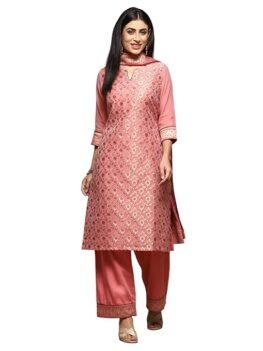 Women Cotton Yarn-Dyed Floral Straight Suit Set
