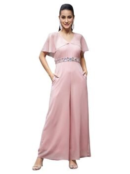 Miss Chase Women's Georgette V-Neck Cape Solid Layered Regular Jumpsuit