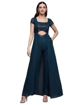 Miss Chase Women's Embellished Square Neck Short Sleeve Georgette Cut Out Relaxed Fit Regular Jumpsuit with Pockets