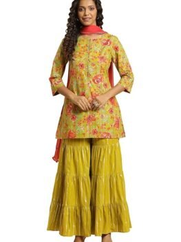 W for Woman Women Cotton Blend Kurta With Sharara & Dupatta