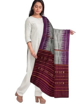 PRITIsree Women's Solid Sambalpuri Cotton Dupatta with weaving and Ikat woven border from the Weavers of Odisha Temple Border & Ikkat Ladies Girls & Women -126